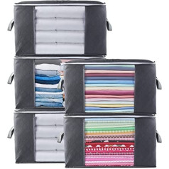 Withosent 5 Piece 90L Large Storage Bag Cabinet Organiser Set, Foldable Clothes Storage with Reinforced Handle, Sturdy Zip for Clothes, Bedding, Duvets, Quilt, Cushions