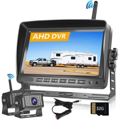 Hodozzy Digital Wireless Reversing Cameras DVR Video Recording 7 Inch IPS Monitor AHD 2 Cameras with 32GB SD Card, Wireless Front/Rear View Camera Car Waterproof Night Vision Parking Aid 12V-36V