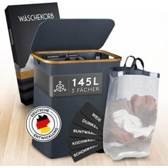 FALKENWERK Wäschekorb mit Deckel 145L - Wasserabweisender Wäschesammler 3 Fächer & herausnehmbaren Wäschesäcke - Faltbare Wäschebox mit Waschhinweisen - Wäschekorb 3 Fächer - Laundry Baskets