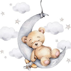 Little Deco DL831-4 Wall Sticker Bear on the Moon for Children's Room Teddy Bear with Stars
