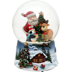 Dekohelden24 Santa Snow Globe with Reindeer and Penguin on Blue Base with Christmas Winter Landscape and Musical Mechanism, Melody: White Christmas, Dimensions (H x W x D): 14.5 x 10.5 cm Diameter 10 cm