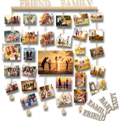 Uping Collage Wooden Photo Hanging Picture Frame, Multiple Pictures Photo Frame, Wooden Picture Frame in Clothesline Look with 35 Wooden Pegs and 6 Hemp Ropes