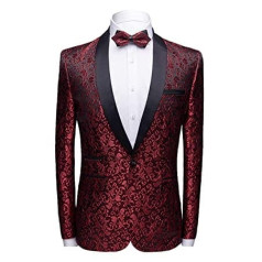 Men's Luxury Embroide Red Wedding Blazer Casual Party Suit with Shawl Collar and Floral Pattern Jacquard Tuxedo with One Button for Prom (6XL, Red)