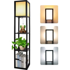 Alampia Wooden Floor Lamp with Shelf 3 Colour Temperatures 3000-5000 K, Floor Lamp Wooden Shelf with E27 Socket, Corner Shelf Lighting Retro for Living Room Bedroom Office (Bulbs Included)