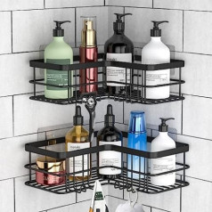 Yazoni Corner Shower Caddy 2 Pack No Drilling Shower Organizer Corner Shelf for Bathroom Tub Stainless Steel Shower Caddy Corner Shelf with 8 Hooks and 6 Adhesives (Black)