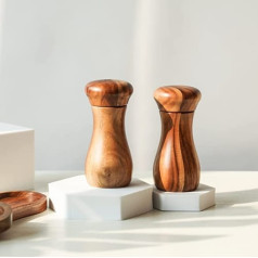 DeroTeno Salt and Pepper Mill Set with Mill Bowl, Set of 2 Salt and Pepper Mills with Ceramic Grinder, Acacia Wood, Height 13 cm, Diameter 6 cm