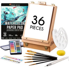 Zenacolor Watercolour Paint Set (36 Pieces) - Watercolour Set, Gift 2-in-1 Storage Box and Easel, Watercolour Set in Watercolour Box (24 Colours), 6 Brushes, 1 Pad (12 Sheets) and Accessories