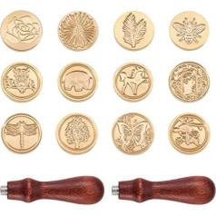 Beadthoven Wax Seal Stamps, 12 Pieces Retro Flowers and Animal Motifs, Copper Heads and 2 Pieces Wooden Handle for Wedding Envelopes, Invitations, Bottle Decoration