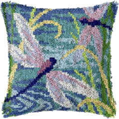 Latch Hook Kit, 3D Cushion Materials Embroidery Kit Cross Stitch Sofa Cushion Cover with Latch Hook Tools for Kids and Adults, 43 x 43 cm (Dragonfly)