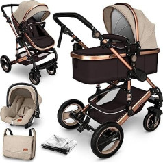 KIDUKU® 3-in-1 Pram Complete Set, Combination Pram Set Incl. Baby Carrycot Buggy Car Seat Footmuff Full Rubber Tyre Changing Bag Rain Cover Children's Table (Brown/Copper Gold)