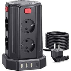 Sameriver Power strip with 16.4-foot / 5-metre cable, multi-socket with 8 compartments and 5 USB ports, overload protection, short circuit protection, black socket tower.