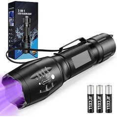 MOWETOO Torch, UV Lamp 2 in 1 LED Torch with 395 nm Ultraviolet Light, 4 Modes, Detector for Counterfeit Money, Dog and Other Pet Wedd, Includes Accessories 3 AAA Batteries, 40 W