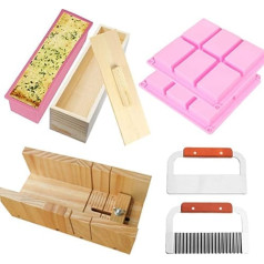 RETON 8 Pack Soap Making Cutting Tool Set with 1 x Wood Cutter Mould, 1 x Rectangle Silicone Loaf Mould with Wooden Box and Lid, 1 x Straight Cutter, 1 x Wave Cutter, 2 x 6 Cavity Soap Mould