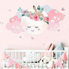 Little Deco DL267 Wall Sticker for Children's Room Girls Moon and Clouds I XL 100 x 51 cm (W x H) I Wall Sticker for Baby's Room Self-Adhesive Wall Sticker Stars Flowers Children
