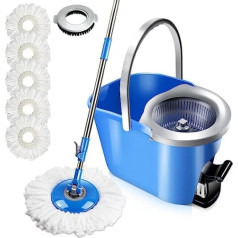 Midyb Mop Set with Bucket, 8 L Cleaning Bucket with Mop and Foot Pedal, Floor Mop Set & 128 cm Telescopic Handle, Mop Set with 5 Mop Head and 1 Brush Head for Hardwood Laminate Tiles