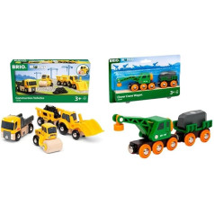BRIO World 33658 Construction Vehicles - Supplement Wooden Railway - Recommended from 3 Years & Train 33698 - Green Crane Truck with Trailer and Cargo, White