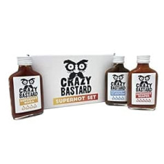 Crazy Bastard Crazy B. Superhot Set of 3 Extremely Hot Chili Sauces from 125k - 500k Scoville Superhot Chilis: Naga Bhut Jolokia, Trinidad Scorpion, Carolina Reaper