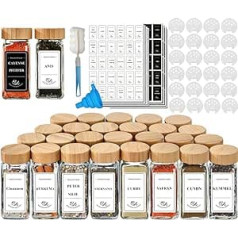 Danillous Spice Jars Square Set of 24 with Bamboo Lids, Spice Jars with Shaker Insert, Pre-Printed Labels, Stylish Black Stickers and White Stickers (180 Spice Names), Silicone Funnel