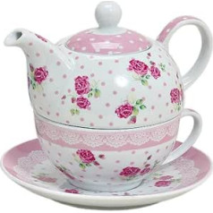 Tea for one Set 3-teilig Porzellan Teekanne mit Tasse und Untertasse mit Rosen und Blumen Motiv (Rosa)