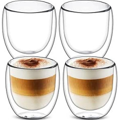 Gunolye 4 x 250 ml Double-Walled Glasses, Latte Macchiato Glasses, Espresso Cups Set, Drinking Glasses, Tea Glasses, Double-Walled Made of Borosilicate Glass, Heat and Cold Resistance
