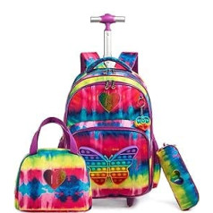 HTgroce Backpack with Wheels for Children, School Bag with Wheels for Girls Pop It Backpack 16 Inch Set 3 in 1 with Lunch Bag Nursery Fidget Toys Gifts for Children, B-butterfly multicoloured,