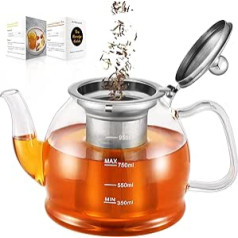 Glass Teapot 1000 ml Teapot with Strainer Insert, Borosilicate Glass Tea Service, Glass Teapot, Teapot Glass with Strainer, Tea Infuser for Loose Leaves, Teapot - Dishwasher Safe