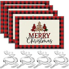 Set of 8 Christmas place mats, 4 Christmas tree red place mats Christmas with 4 reindeer napkin rings, Christmas for Christmas parties, banquets, table decoration, Christmas set