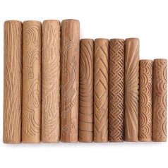 SUMTree 10 Pieces Wooden Pottery Set Modelling Rollers for Pottery Texture Clay Tools Carved Ceramic Tools for DIY