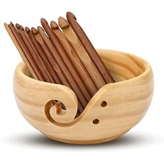 Gukasxi Wooden Yarn Bowl with 12 Pieces Bamboo Crochet Hooks, Wooden Knitting Bowl Wool Bowl Wood Yarn Bowl Wood with Wood Knitting Crochet from 3 mm to 10 mm for Crochet Knitting DIY Crafts