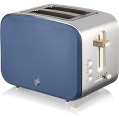 Swan Nordic Wide Slot 2 Slice Toaster, 3 Functions, 6 Browning Levels, Modern Design, Stainless Steel, Wood Effect Handle, Matte Blue