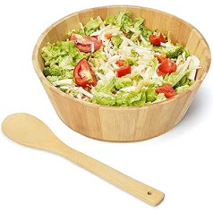 BELLE VOUS Salad Servers Wooden Spoon & Large Bamboo Bowl Set - Salad Bowl Large 30 cm - Round Fruit Bowl Wooden Bowl for Fruit, Pasta, Bread & More - Ideal for Dinner Parties & Storage