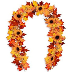 Whaline Artificial Maple Leaf Garland with 2 Hooks Autumn Sunflower Pumpkin Berries Hanging Decoration for Wedding Party Thanksgiving Dinner Fireplace Door Frame Door Frame Backdrop
