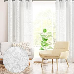 Treatmentex Curtains with Burnout White Semi-Transparent Classic Floral Pattern Double Woven Modern Eyelet Curtain Decorative Curtain with Eyelets for Living Room Bedroom 2 Pieces (140 x 225 cm)