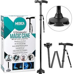 Medca Walking Stick with LED Light - Adjustable 37 Inch Folding Stick and Walking Stick, Foldable Daily Mobility Stick with Rubber Feet for Men and Women, Black