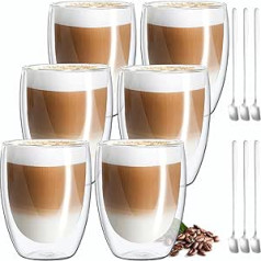 MULEVIP Latte Macchiato Glasses Double-Walled (6 x 350 ml) Double-Walled Coffee Glasses Thermal Glasses Double Walled for Cappuccino, Latte, Ice Cream, Iced Americano, Milk, Juice - with Spoon