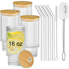 ALINK Gerippte Glaswaren, 4-teiliges Set, gerippte Trinkglasbecher, 473 ml, mit Deckel und Glasstrohhalmen, Vintage-Eiskaffeetassen, Origami-Stil, geriffeltes Glas für Coocktail, Whiskey, Wasser