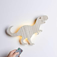 Lights4fun Wooden T-Rex LED Night Light Wall Light with Remote Control and Timer