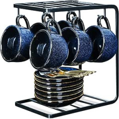 vicrays Ceramic Espresso Coffee Cups Set 4 oz Porcelain Espresso Cups with Saucers, Spoons and Metal Stand for Tea, Cafe, Cappuccino, Latte - Set of 6 - Blue