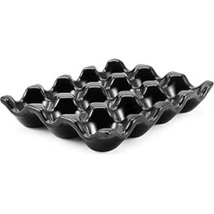 Flexzion Ceramic Egg Tray for 12 Cups, 12 Porcelain Egg Holders - Decorative Serving Stand for Refrigerator, Countertop, Exhibition, Kitchen (Black)