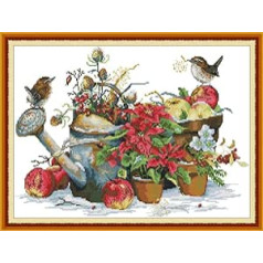 CaptainCrafts Cross Stitch Kit, Pre-Printed 14 Count Fabric Flower Pot and Birds, DMC DIY Art Embroidery Kits Handmade Crafts (Stamped 14 Carat)