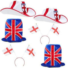 Toyland® England 6 Piece Party Clothing Bundle - 6 English/Union Jack Hats - British Costume - Queens Platinum Jubilee Celebrations - Qatar World Cup Football Party 2022