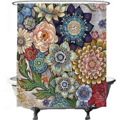 Ulticool Shower Curtain - Colourful Flowers Nature Art - 180 x 200 cm - Washable - Anti Mould - Waterproof - with 12 Rings - Red Green Blue Brown Yellow