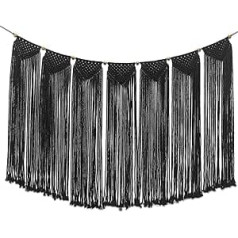 Flexzion Macrame Wall Hanging Banner Tapestry Art (120 cm Black Cotton Curtain) Hand-Woven Bohemian Wall Decor Boho Bedroom Living Room Curtains Baby Nursery Hippie Rustic