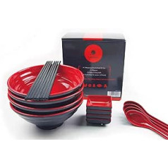 Goliber - Large Ramen Bowl Set - Includes 4 Melamine Ramen Bowl, Chopsticks, Spoon and Small Bowl for Sauce - Japanese Tableware Ideal for Ramen Noodles or Pho Noodle Soup - 4 Sets, 16