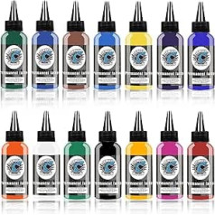 Tattoo Colour, Tattoo Ink Set, 14-Piece Professional Tattoo Ink Set, 30 ml, Full Colour Pure Pigment Ink, Perfect for Microsculptures, Makeup, Beauty, Body Painting and Art