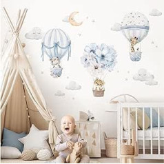 DEKO KINDERZIMMER Wall Sticker Safari Animals in Hot Air Balloon Children's Room Wall Sticker Giraffe Lion Wall Sticker Clouds Stars Baby Room Wall Decoration DK1059-4