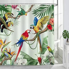 Bonhause Shower Curtain Tropical Birds Parrot Toucan Palm Leaves Shower Curtains 180 x 180 cm Anti-Mould Waterproof Polyester Fabric Washable Bathroom Curtain for Bathroom with 12 Hooks