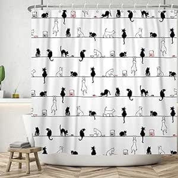 Ttincceer 180 x 180 cm Black White Cat Shower Curtain with Hooks Cute Simple Kitten Bathroom Curtain Black White Animal Funny Pet Shower Curtains Waterproof Bath Curtain