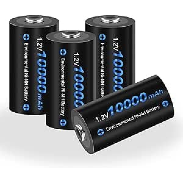 CITYORK D Rechargeable Battery, 10000mAh D Cell NiMH Batteries with High Capacity and Low Self-Discharge (Pack of 4)