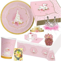 HHO Prinzessin-Party-Set Princess-Party-Set 131tlg. für 16 Gäste Teller Becher Servietten 2 Tischdecken Einladungen Muffinförmchen Tiaras Krone